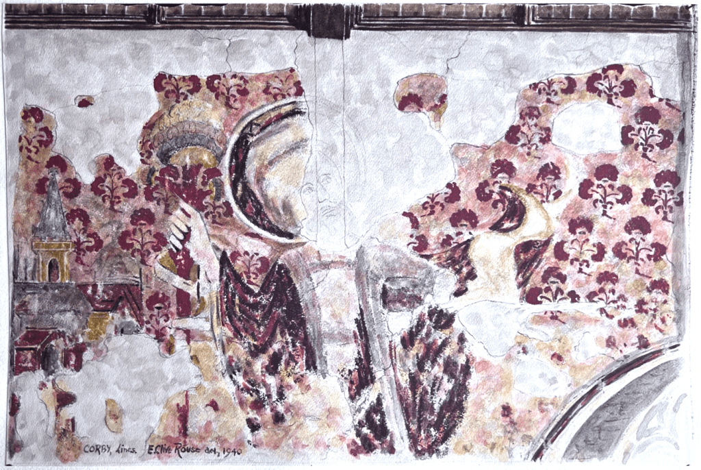 Watercolour of a later medieval wallpainting of St Christopher; in St John the Evangelist Church, Corby Glen, north aisle