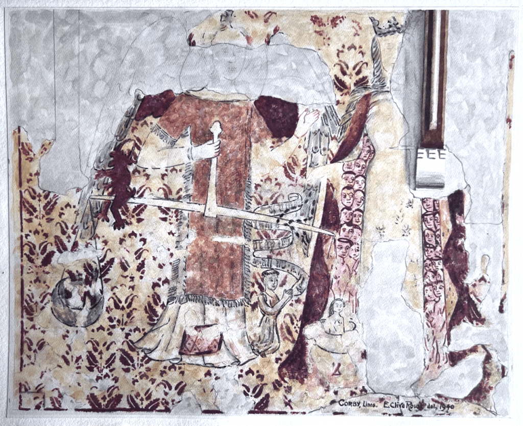Watercolour of a medieval wallpainting of St Michael weighing a soul, and the Virgin interceding; in St John the Evangelist Church, Corby Glen, north aisle