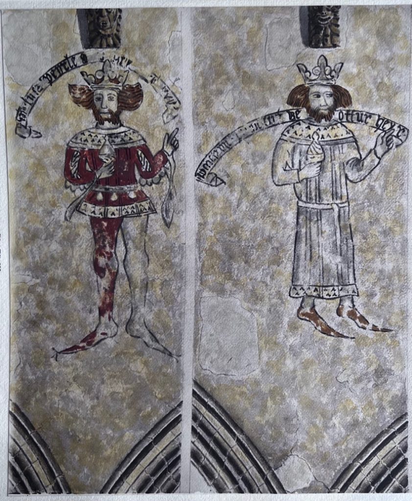 Watercolours of medieval wallpaintings of two Magi bearing gifts; on north clerestory in St John the Evangelist Church, Corby Glen